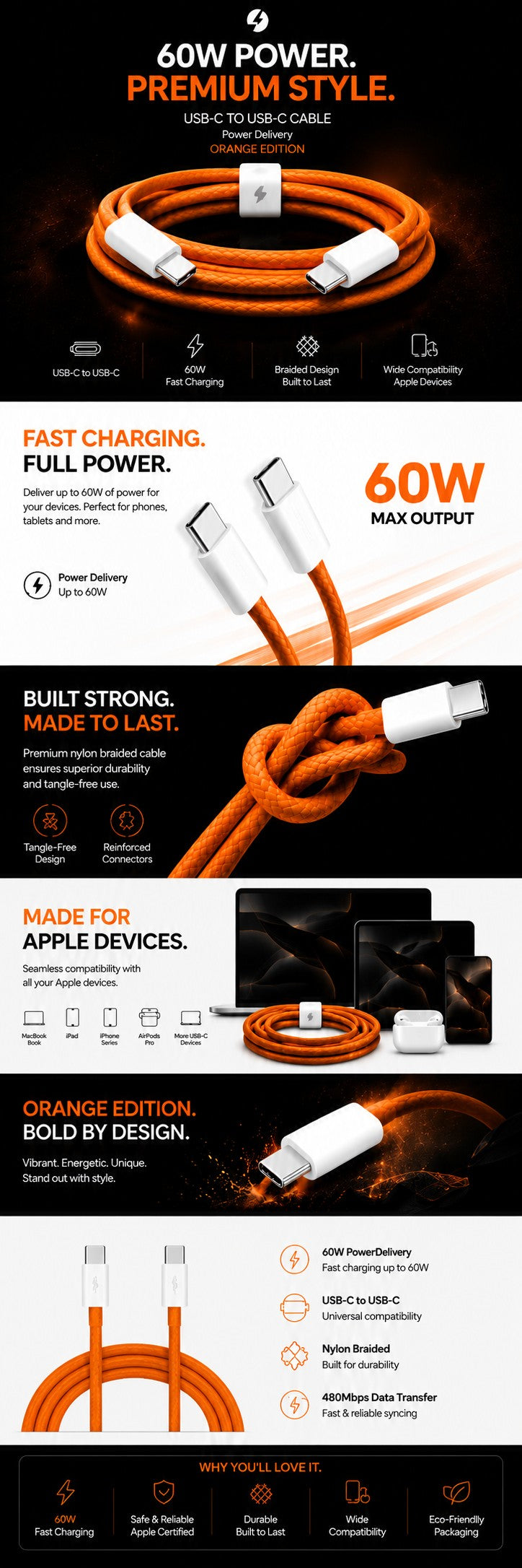 17 PRO | USB-C 60W Charging Cable 1 Meter and Premium Orange Edition - High Speed