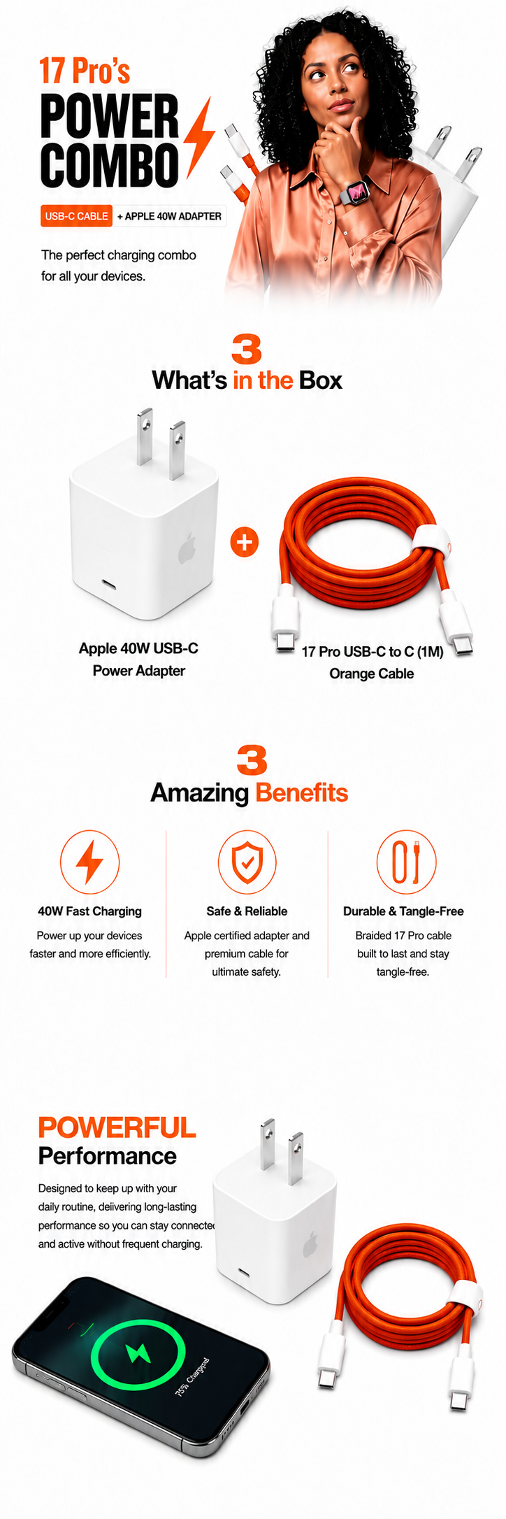 Apple 40W Fast Charging Combo | USB-C Power Adapter + USB-C to USB-C Cable (1M)