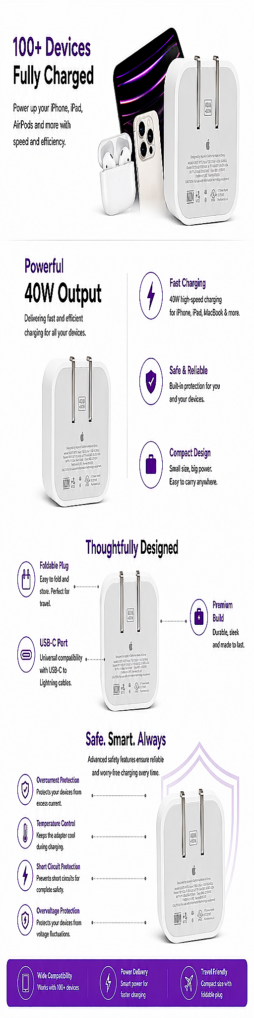 Premium 40W USB-C Fast Charger with Folding Plug | Single Port Power Adapter | NFC Enabled